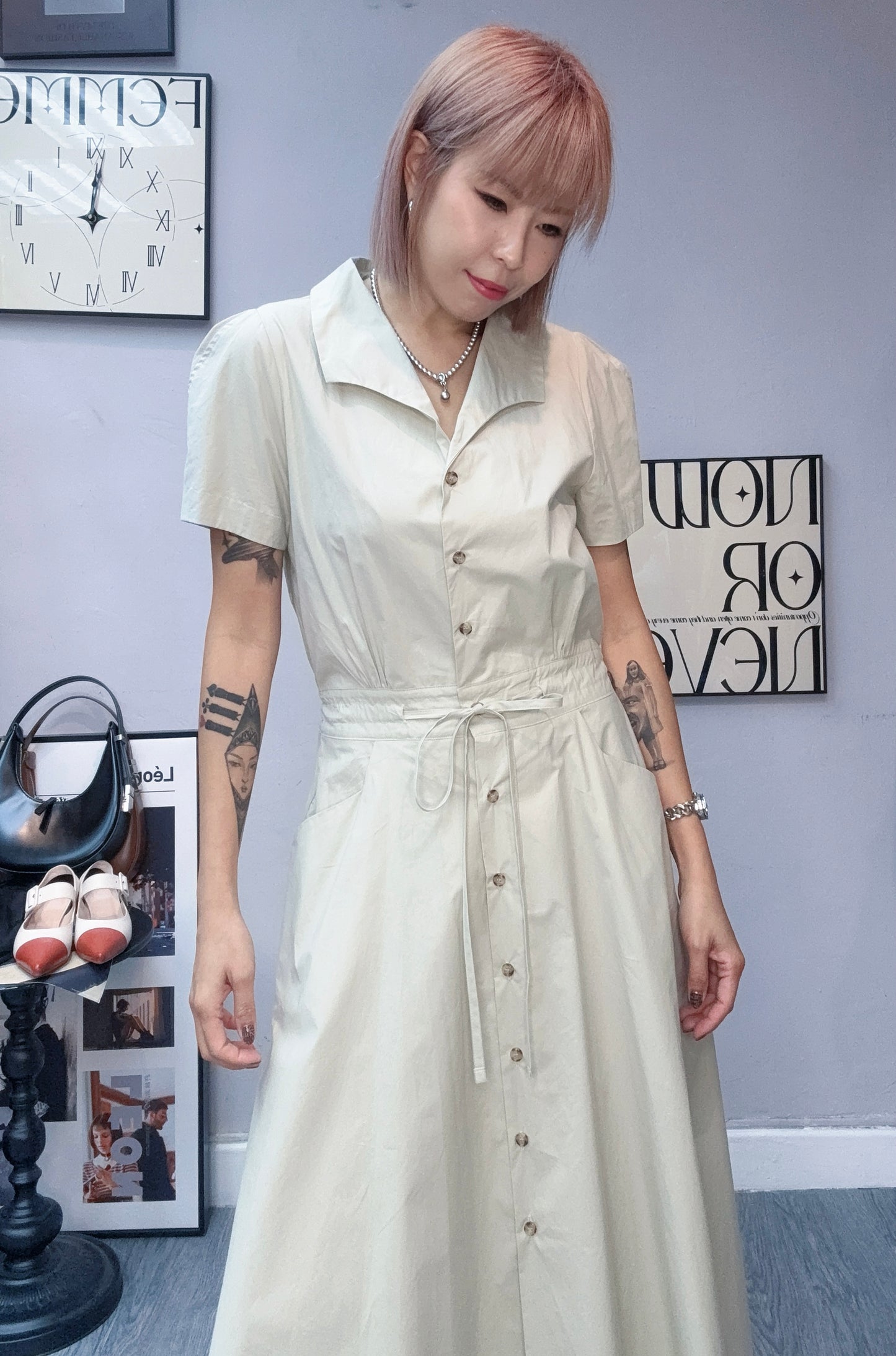 (-30%)puff sleeves shirt collar one piece #00838