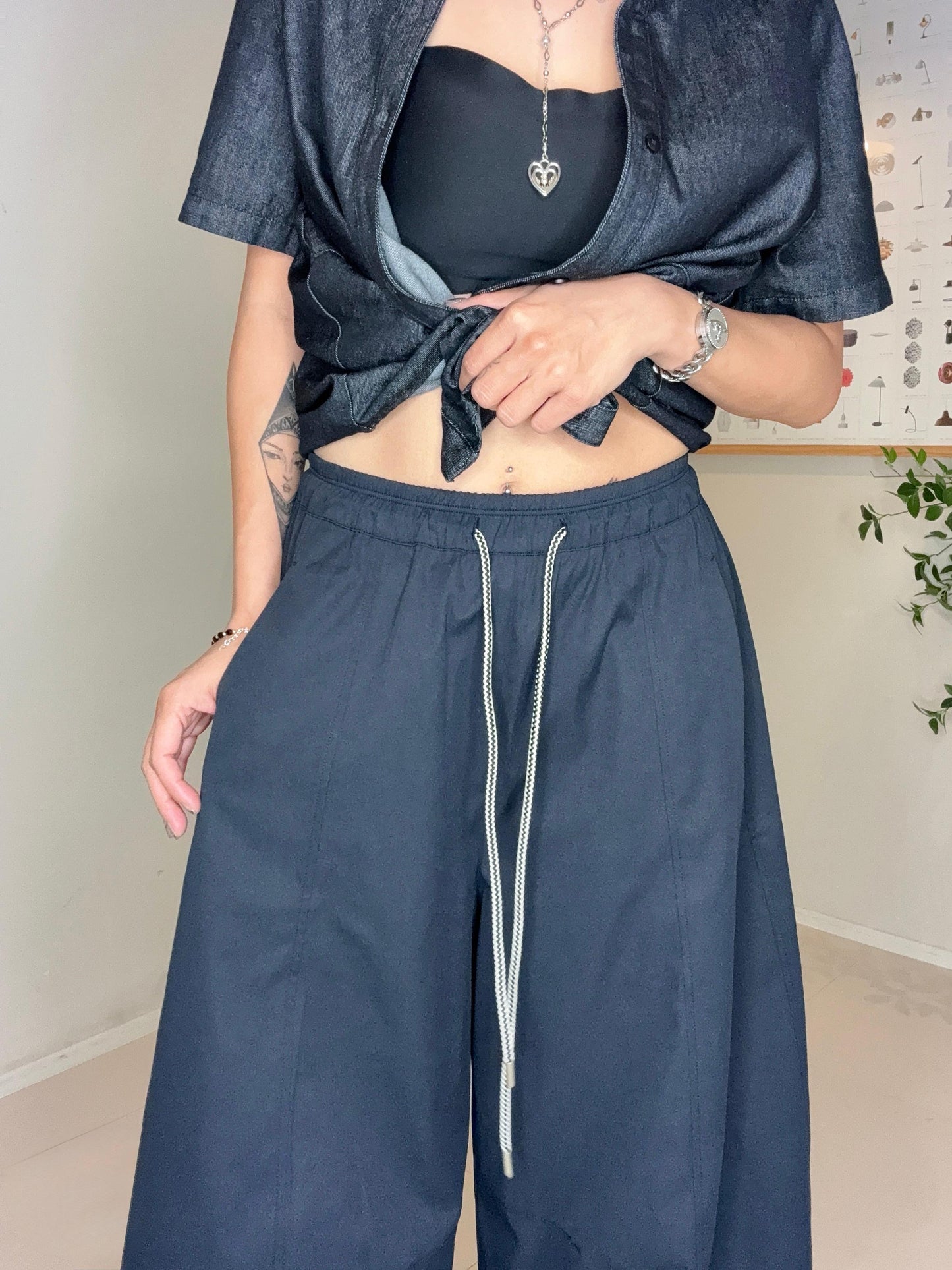 Black and white rope loose pants #00670