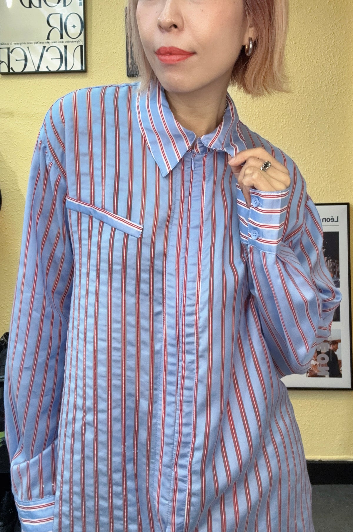 Striped silky loose shirt #00924