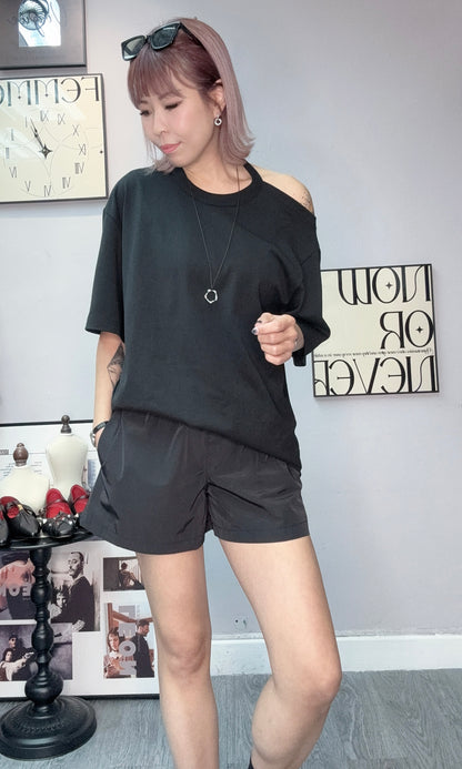 Round collar back cut out loose tee #00572