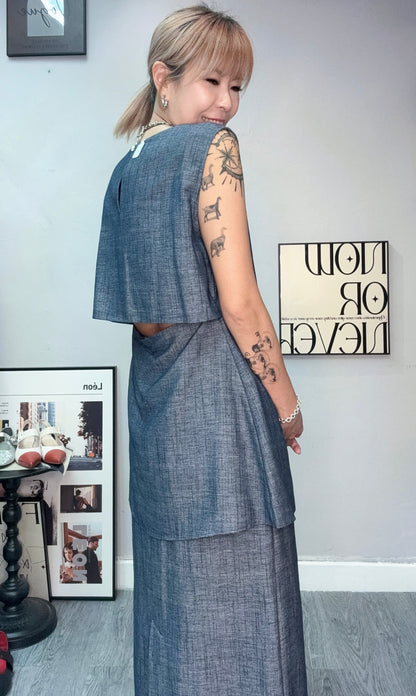 Back cut out linen tank top #00752