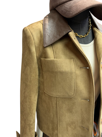 Leopard skin X fake leather collar jacket #00055