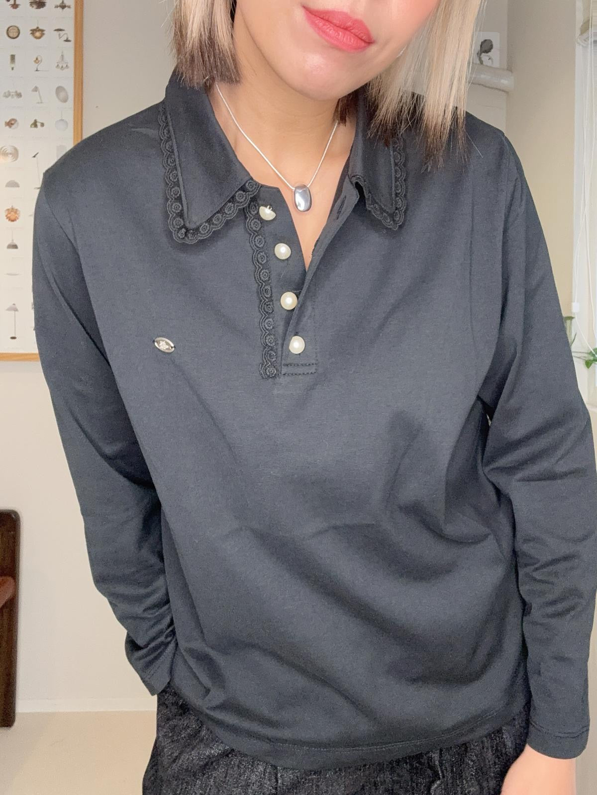 Pearl buttons polo lace collar top #00016