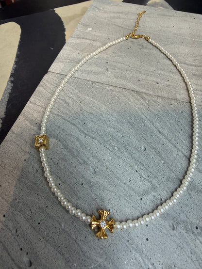 Mini pearl cross necklace