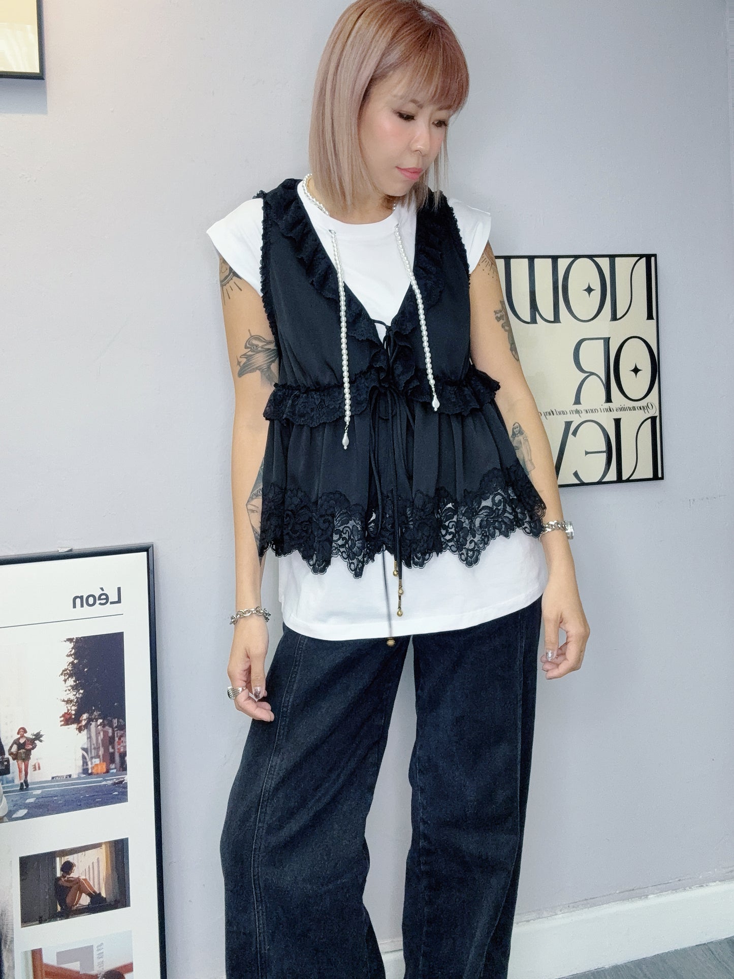 Lace ruff premium chiffon tank blouse #00623