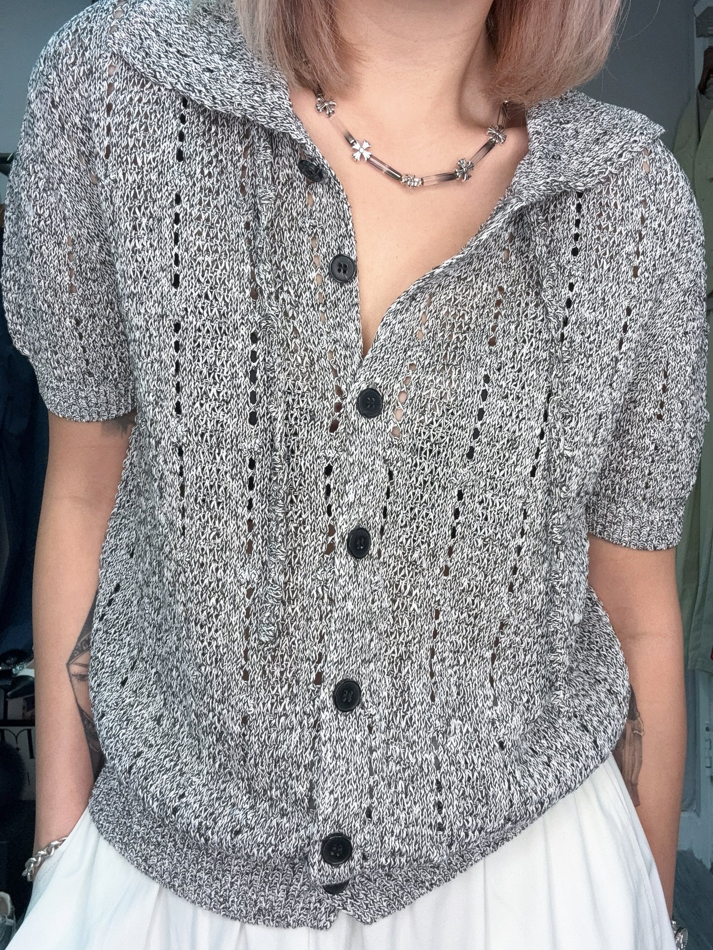 Shirt collar embroidery knit cardigan #00682
