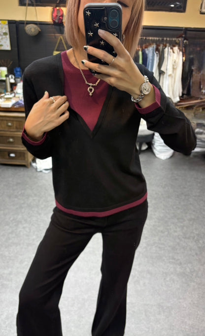 Fake two pieces big v collar knitted top #00934