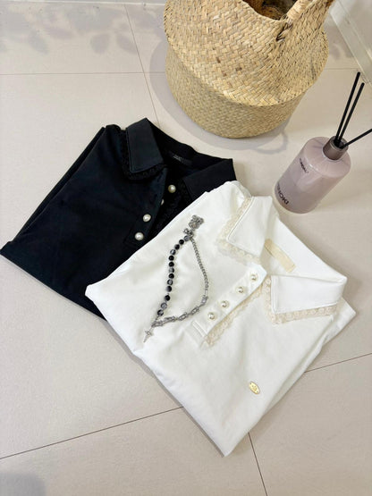 Pearl buttons polo lace collar top #00016