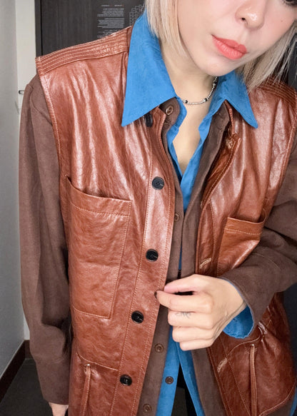 Front patch pockets tie waist lambskin vest outer #00991