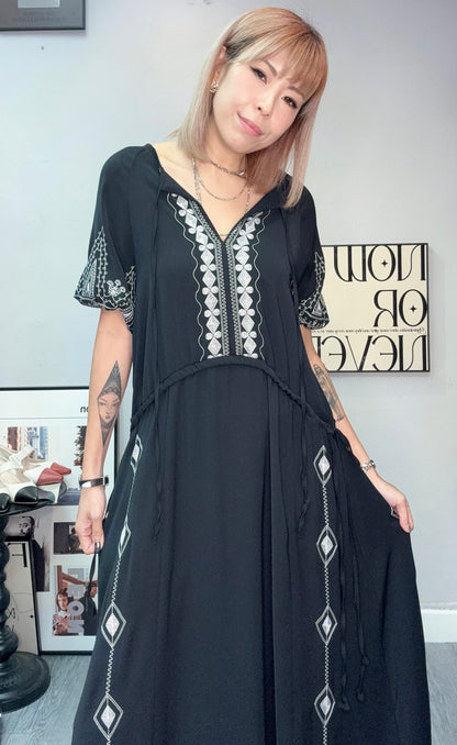 (Only one)Ethnic pattern puff sleeves chiffon one piece #00724