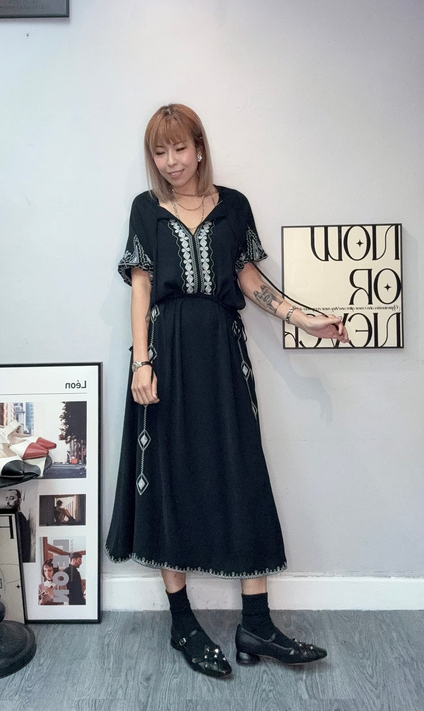 (Only one)Ethnic pattern puff sleeves chiffon one piece #00724