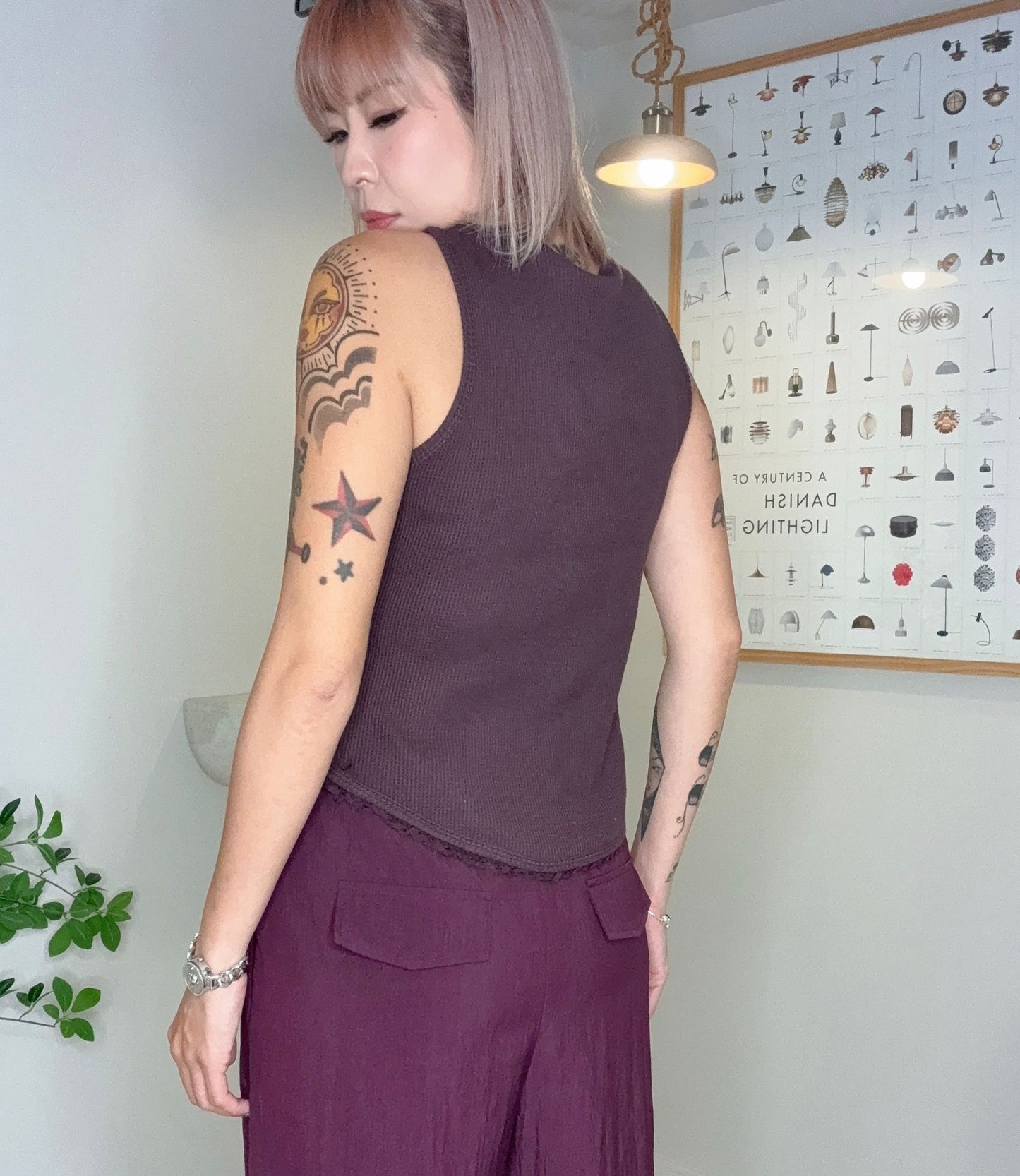 Waffle pattern embroidery hem tank #00700