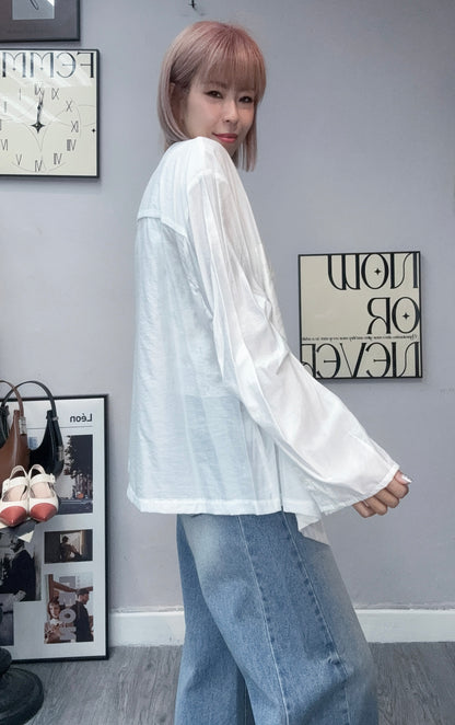 (-30%)Front pockets v neck slippery fabric shirt #00404