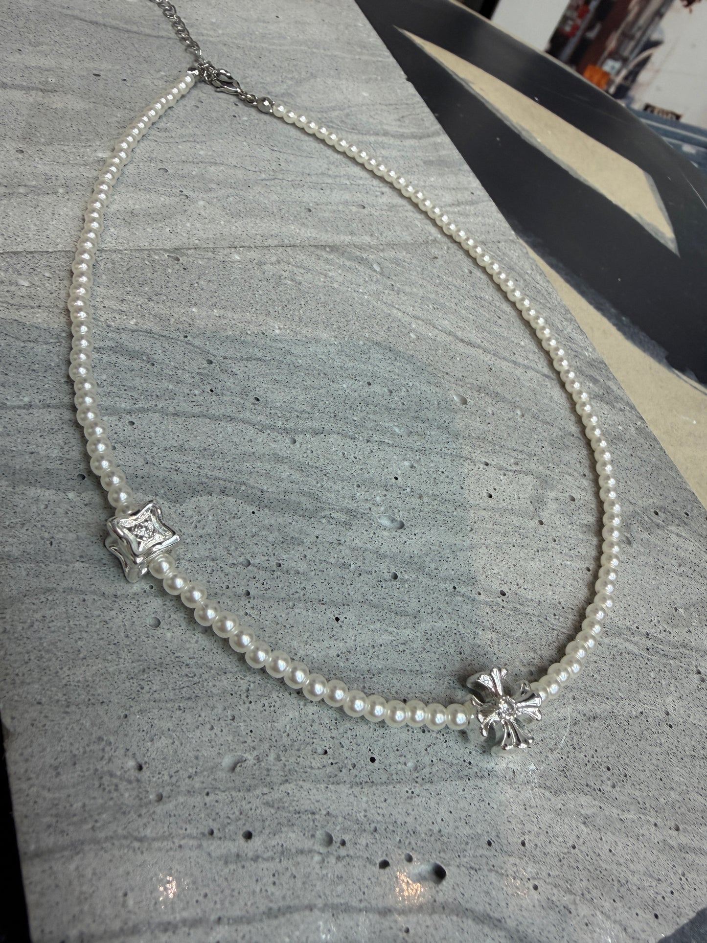 Mini pearl cross necklace