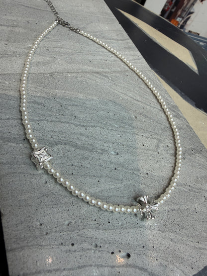 Mini pearl cross necklace