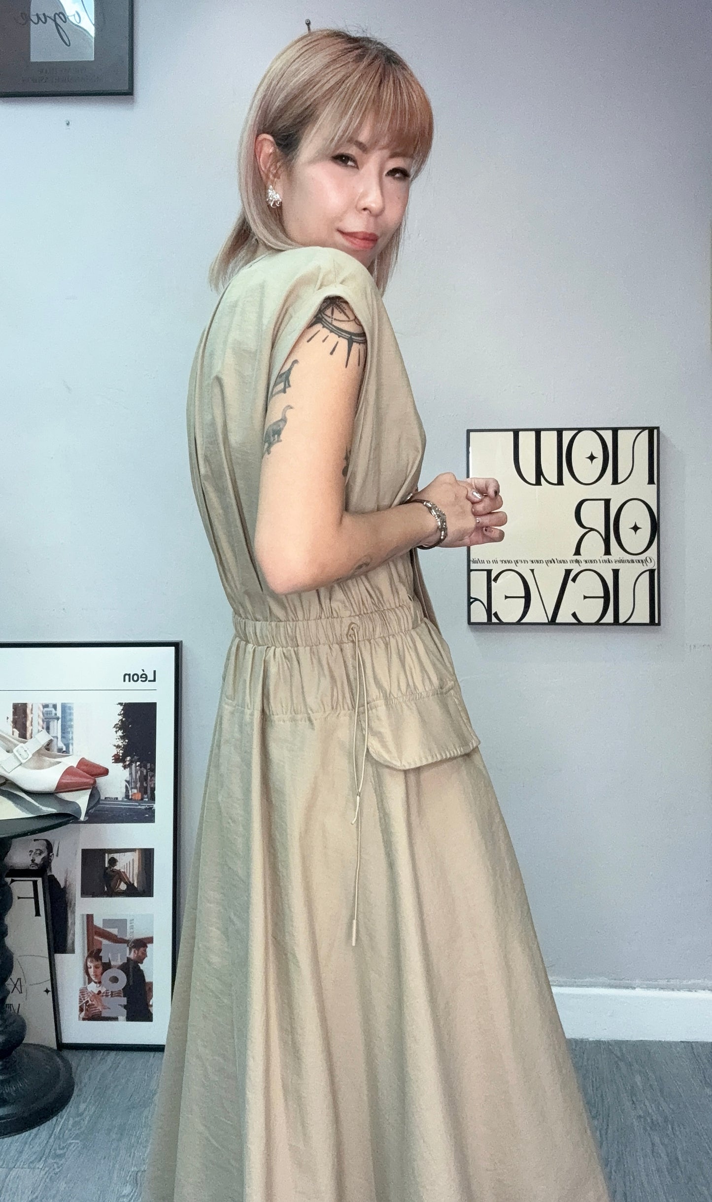 Front pockets cap sleeves one piece #00718