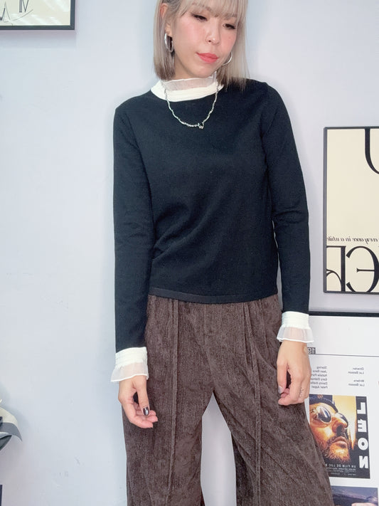 Ruffle stand collar cotton tee #00081