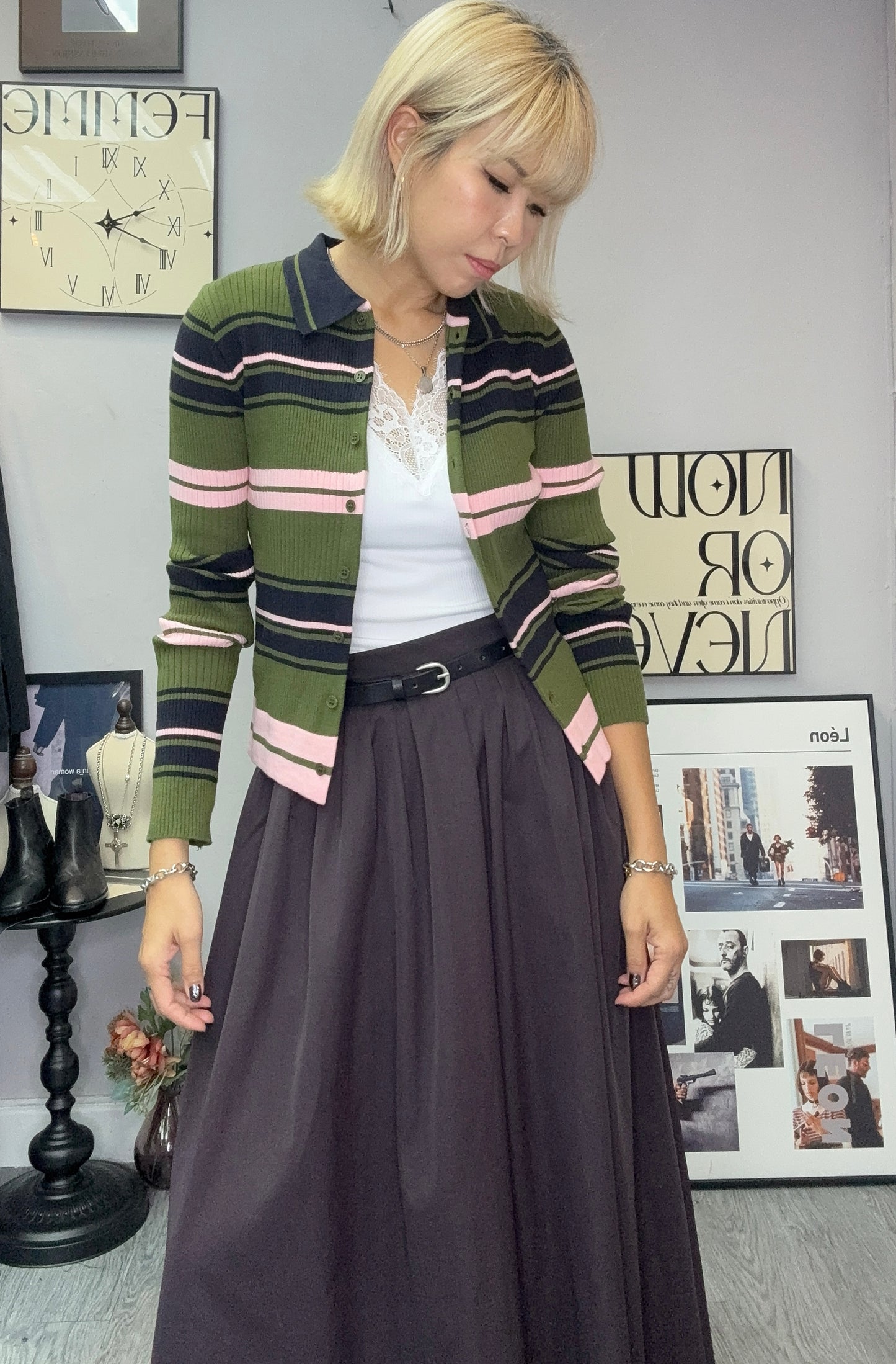 Striped fine knit cardigan