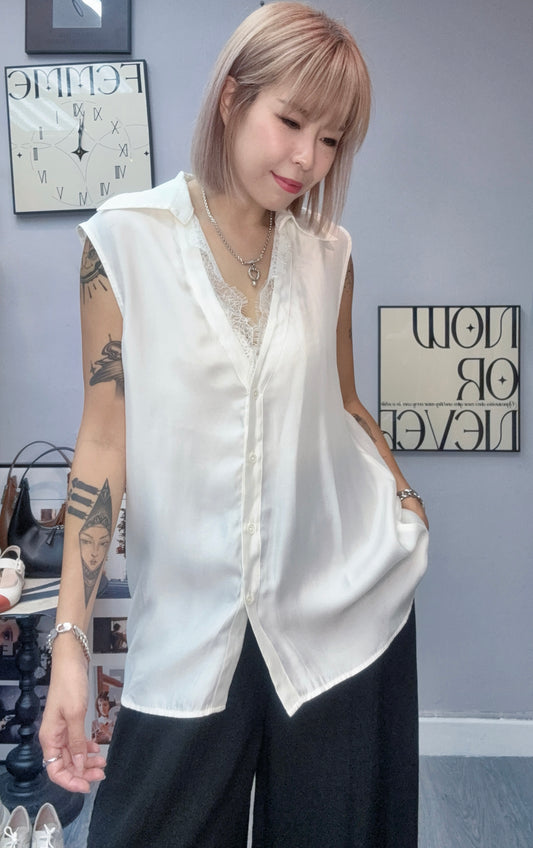 (-30%)Lace Neck Chiffon Blouse