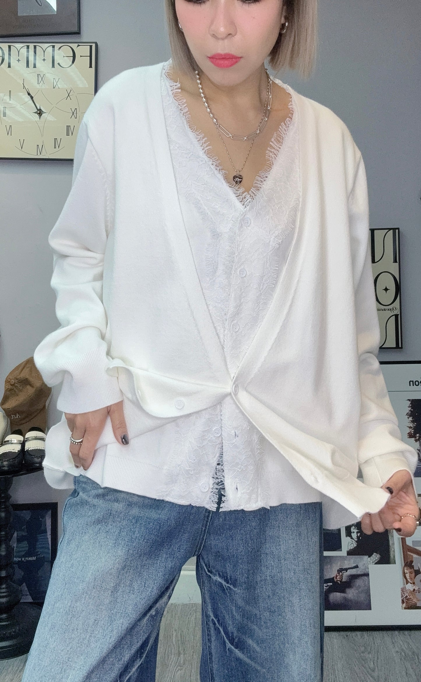 (-20% off)Fake two pieces lace x knit cardigan #00264