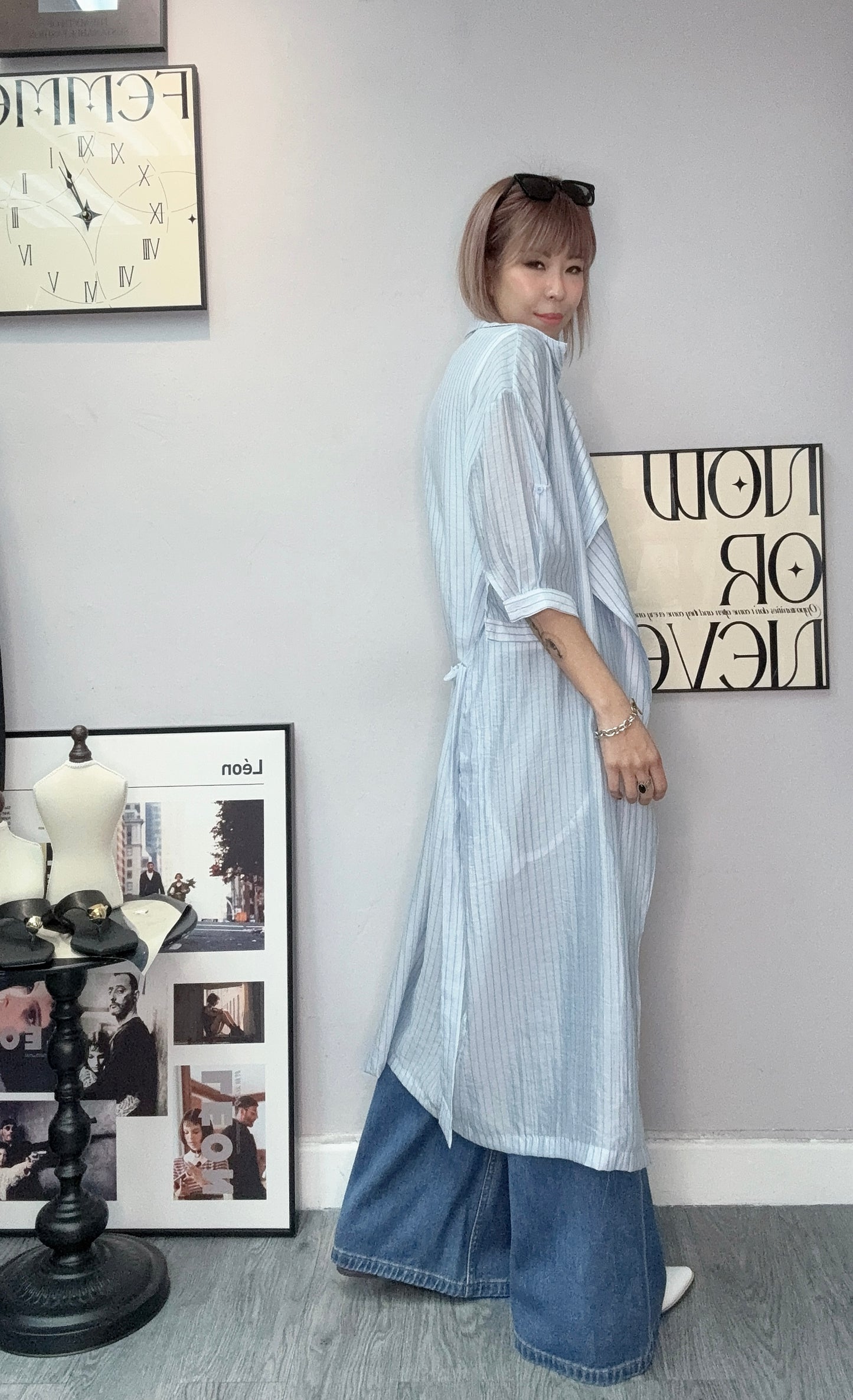 Striped short sleeves long shirt #00603
