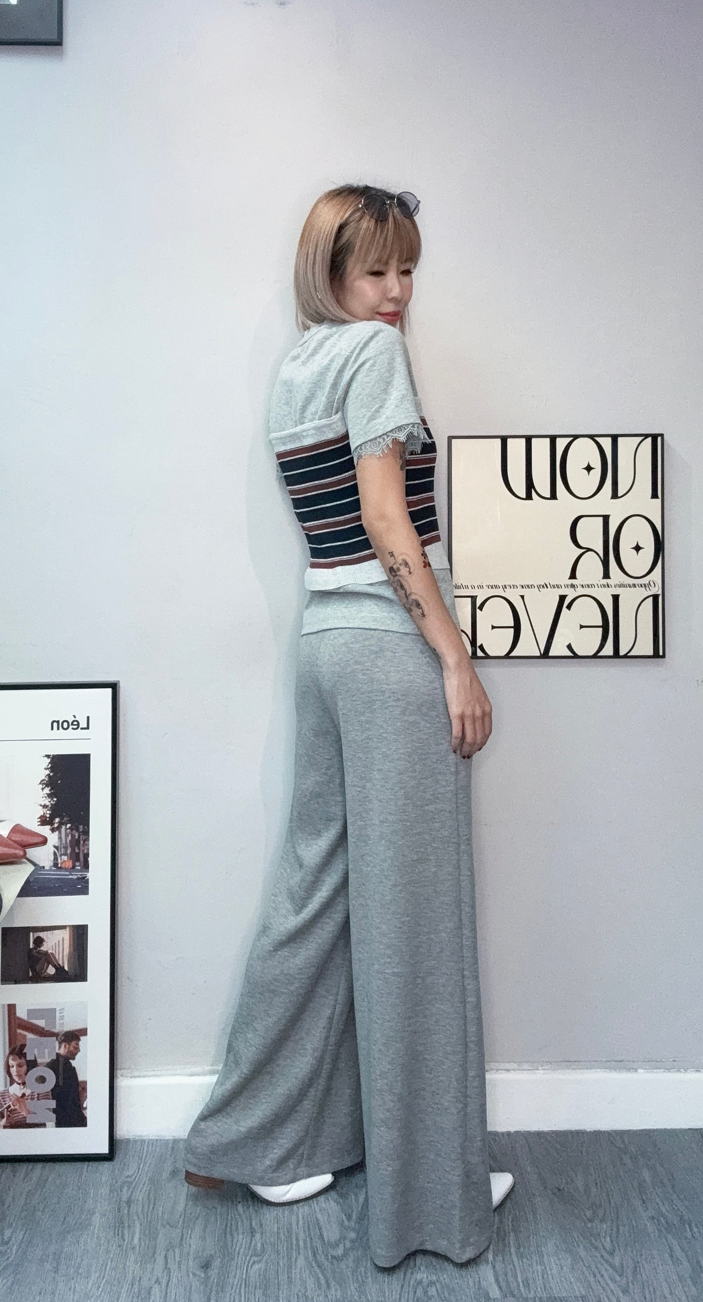 (-20%)striped tube lace trim sleeves tee #00770