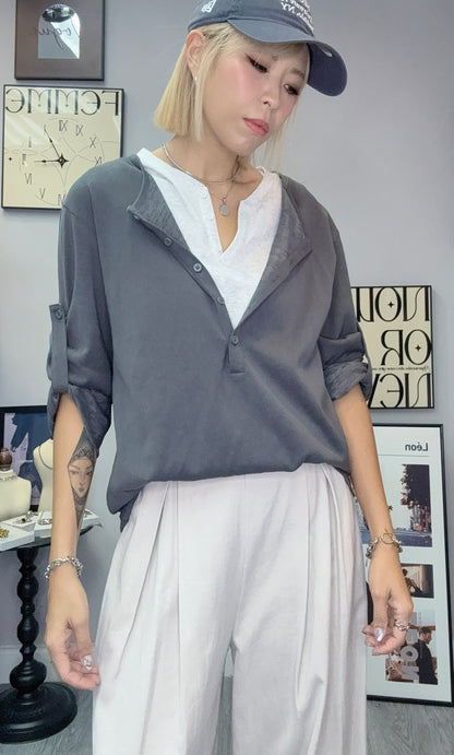 Fake two pieces long sleeves cotton tee
