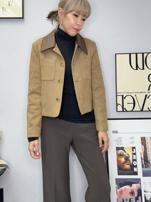 Leopard skin X fake leather collar jacket #00055