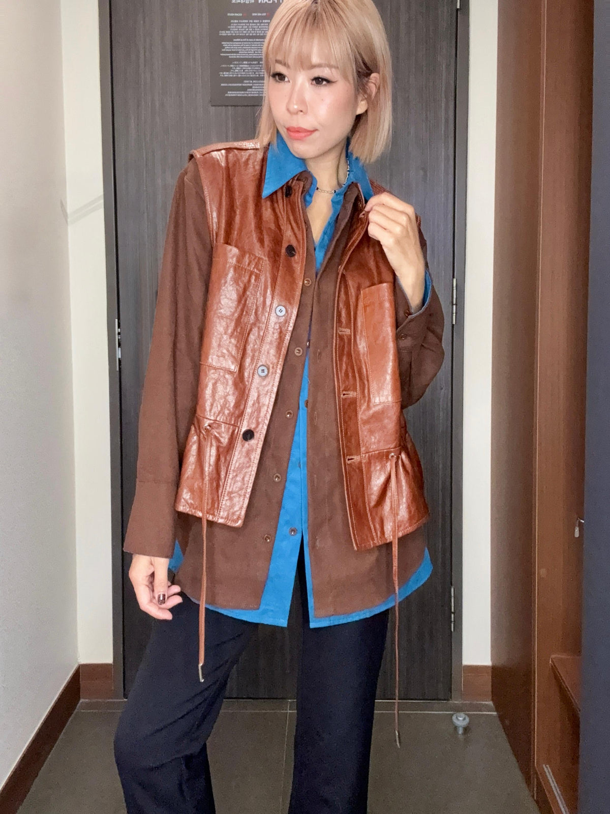 Front patch pockets tie waist lambskin vest outer #00991