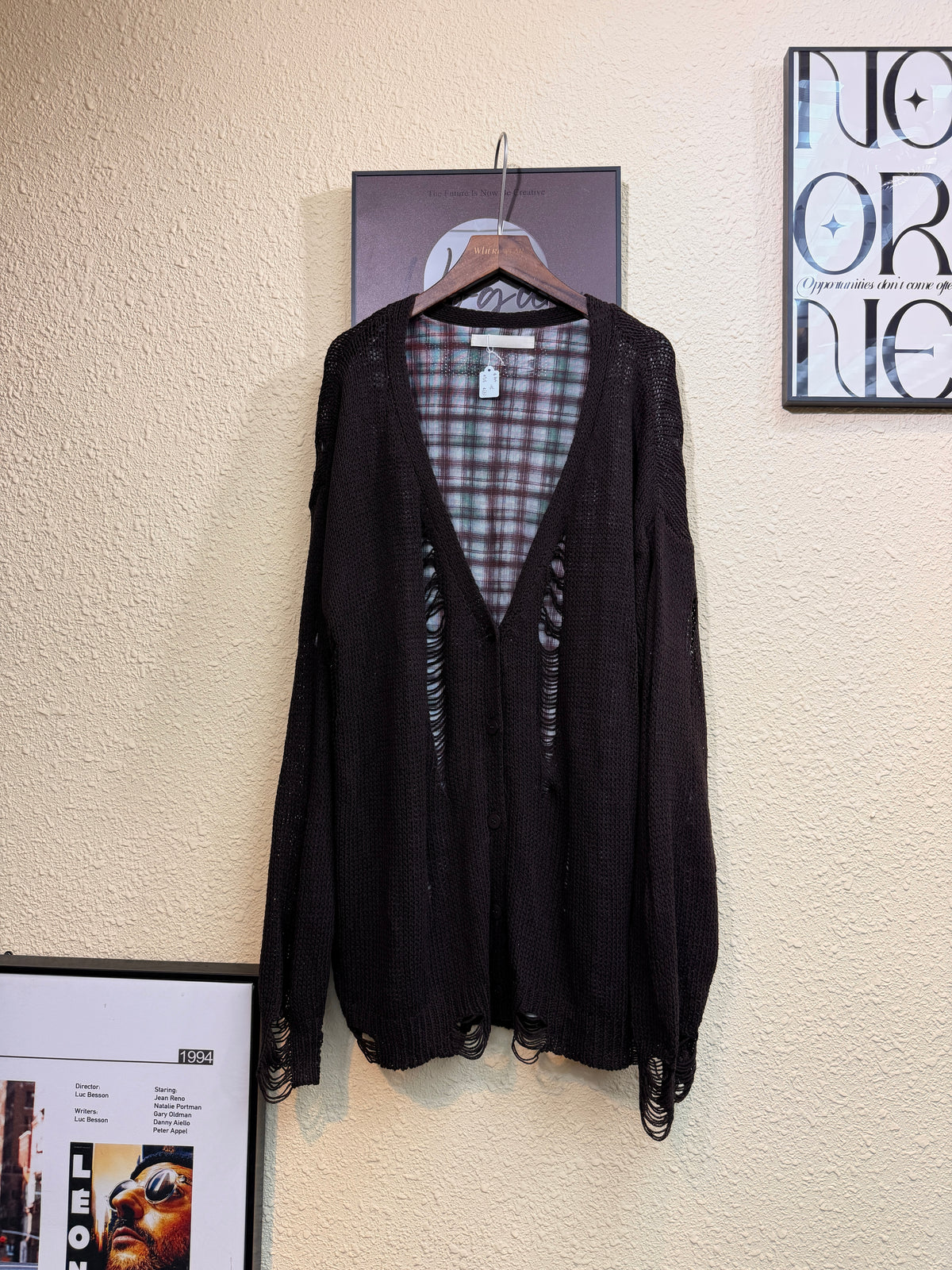 Checkered mesh inner loose cardigan #00928
