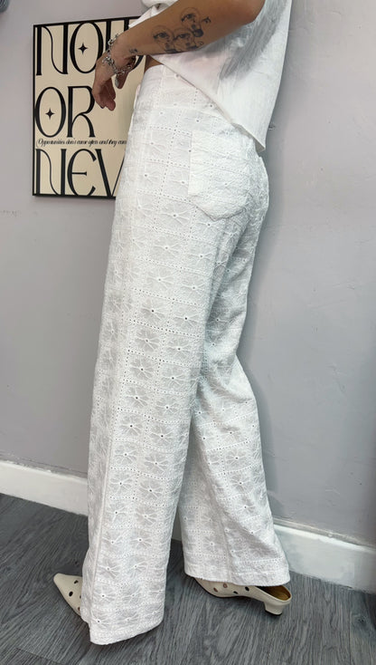Embroidery lace half elastic pants #00472