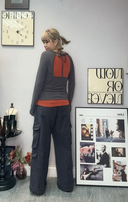 Back ribbon two pieces spandex tee