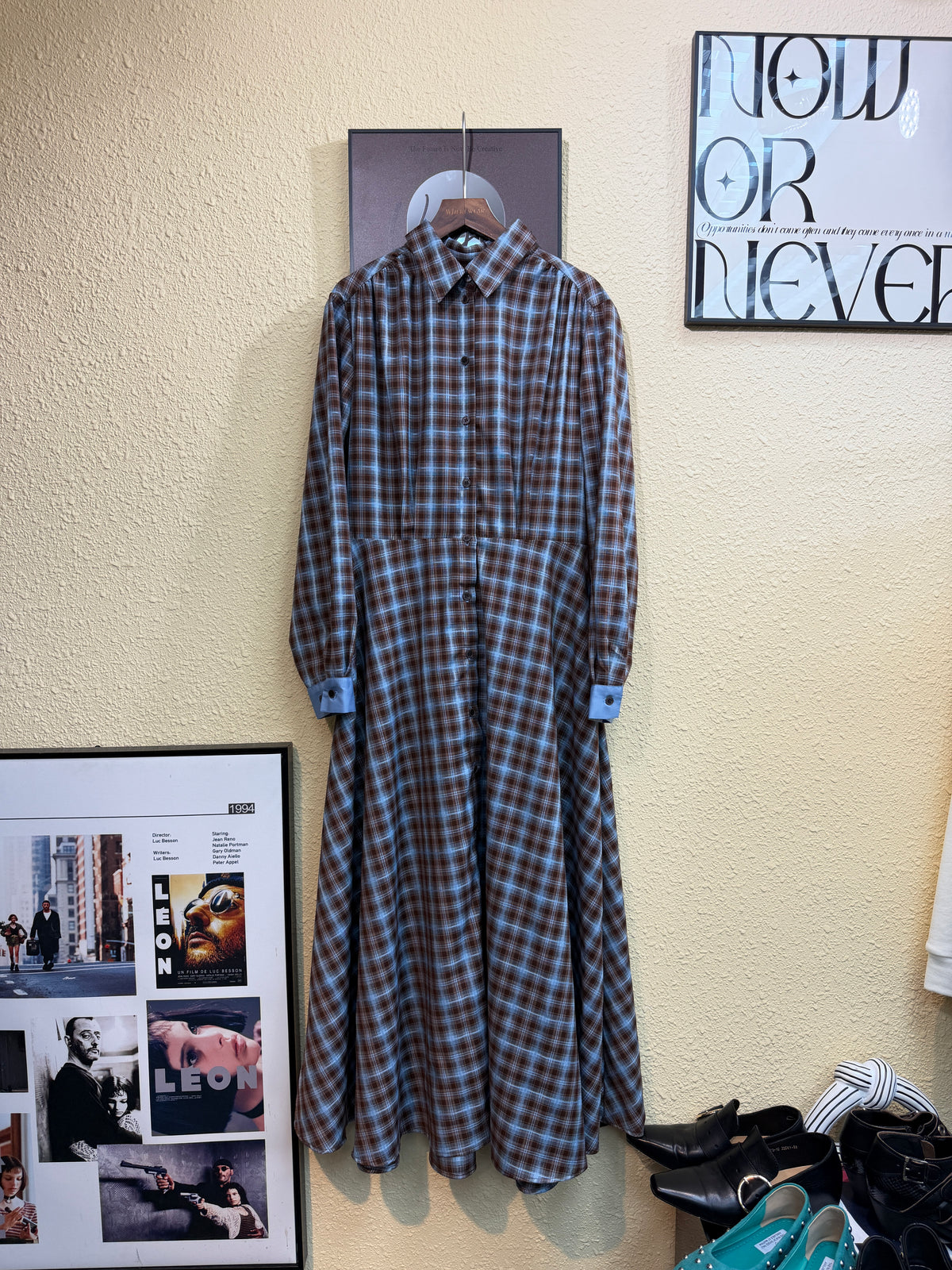 Checkered silky shirt collar one piece #00977