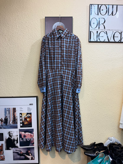 Checkered silky shirt collar one piece #00977