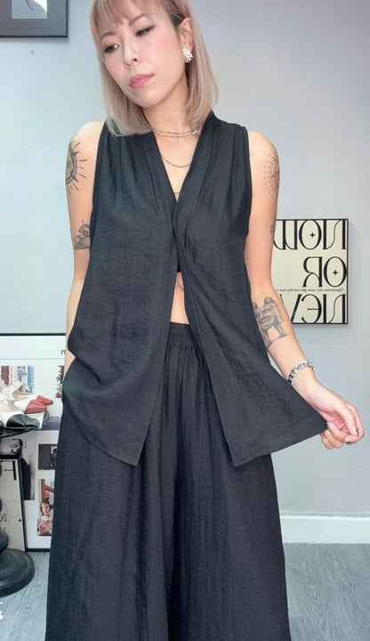 V neck tie waist tank set #00720