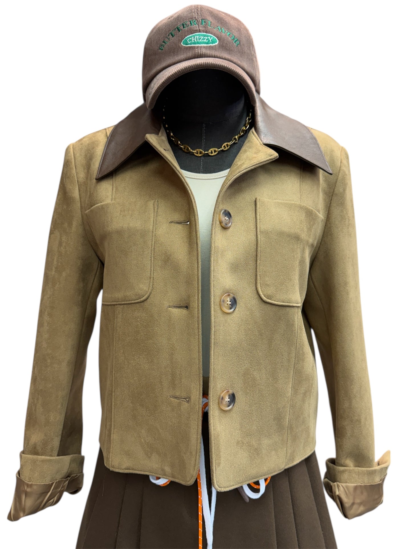 Leopard skin X fake leather collar jacket #00055