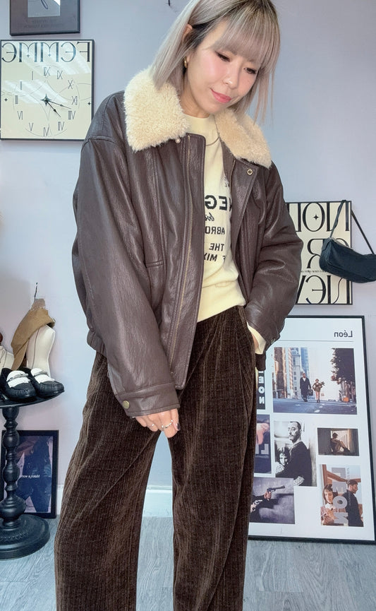 Lamb wool shirt collar faux leather jacket #00243