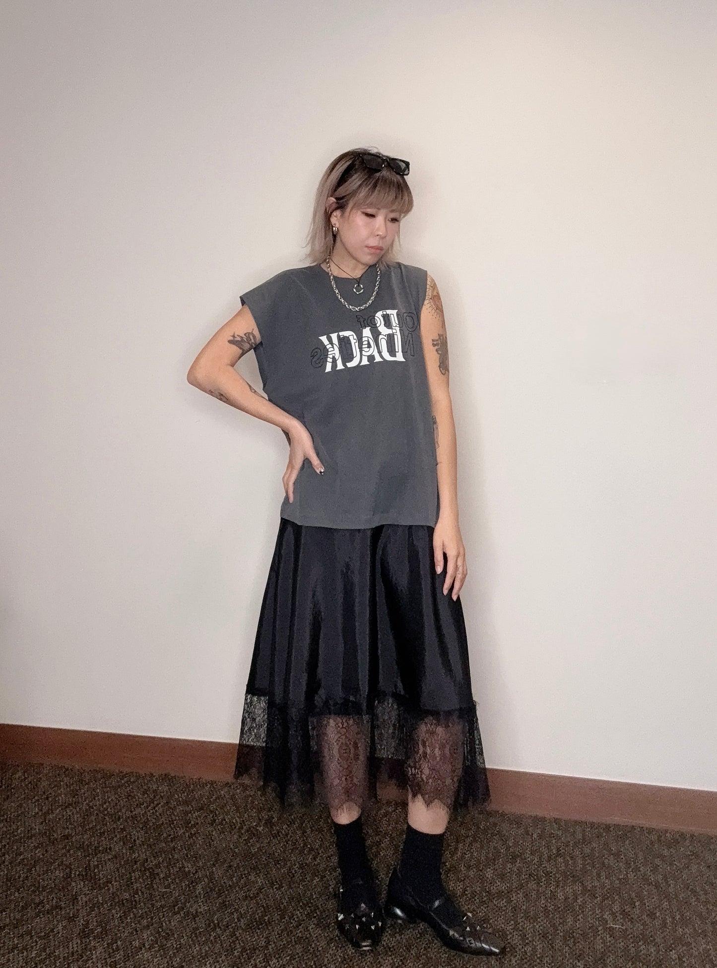 Words sleeves tee X satin lace bottom one piece #00519