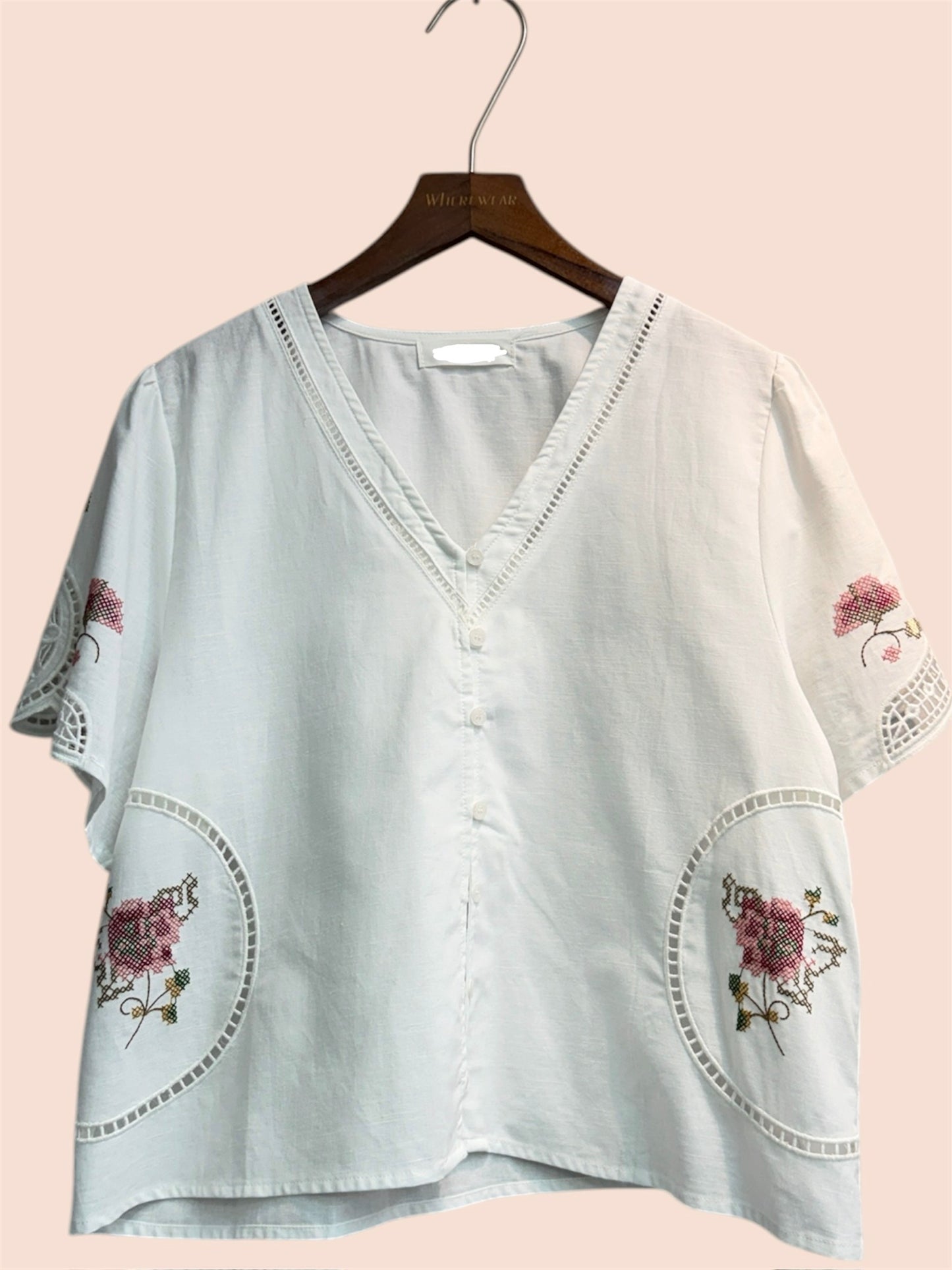 Embroidery X floral v neck top #00524