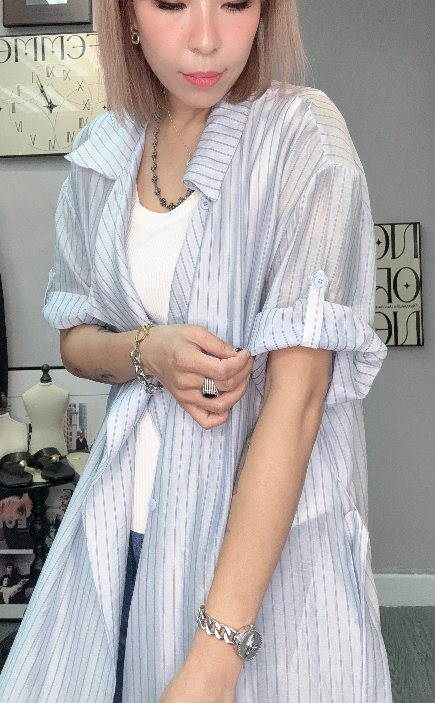 Striped short sleeves long shirt #00603
