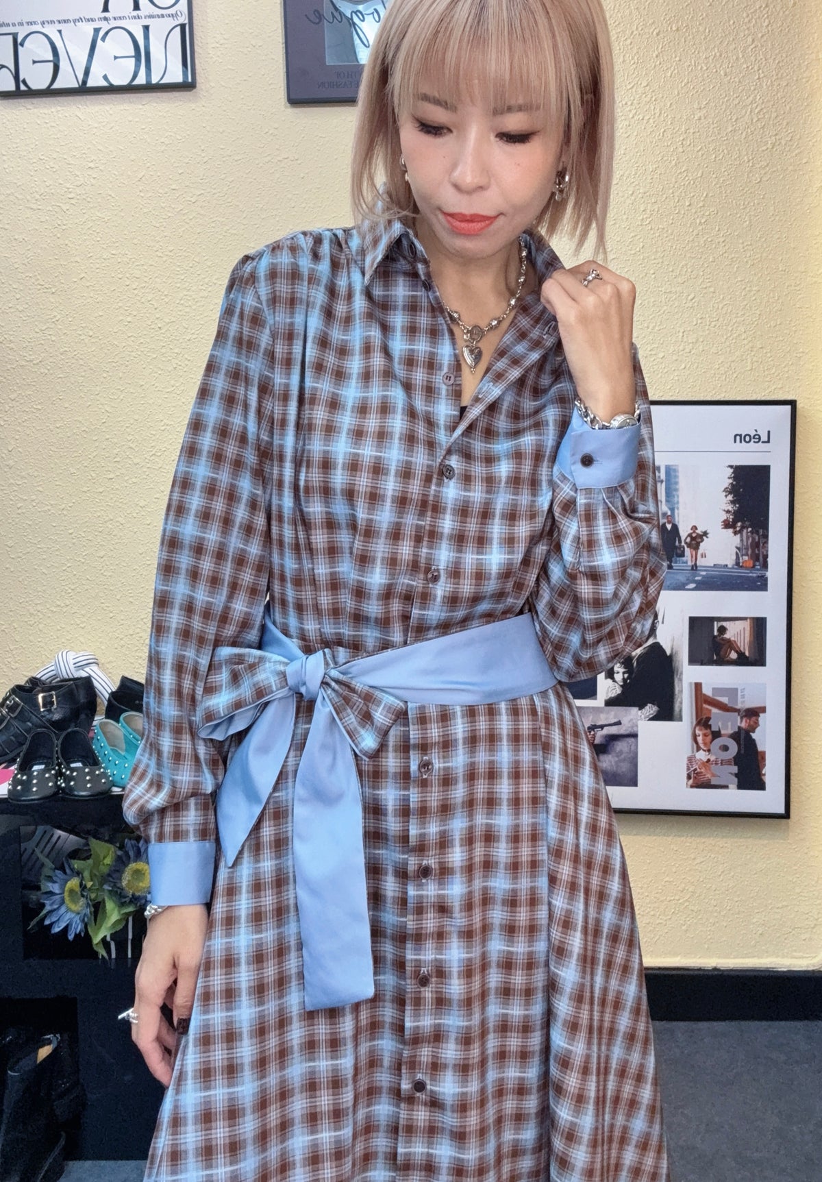 Checkered silky shirt collar one piece #00977
