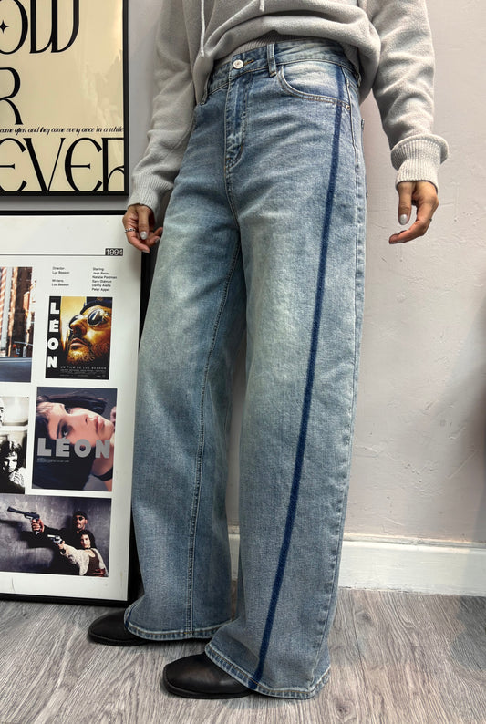 Side blue line stone wash jeans #00240