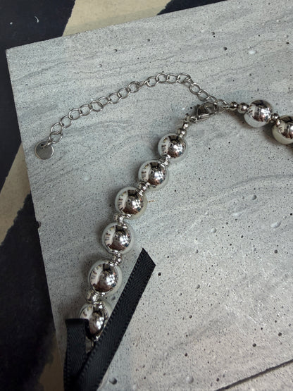 Black ribbon silver beads necklace
