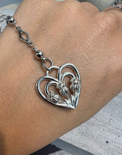 Silver tulip heart long necklace