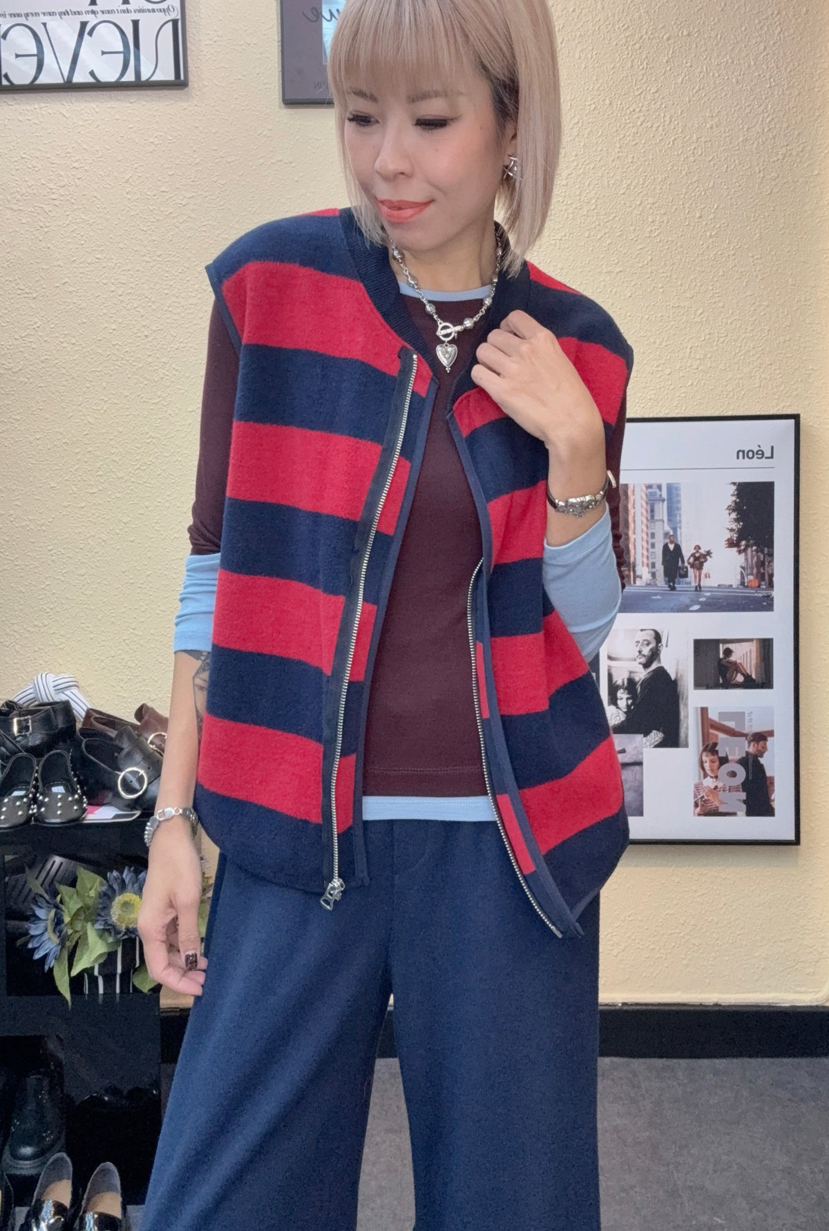 Striped blush cloth vest outer #01000