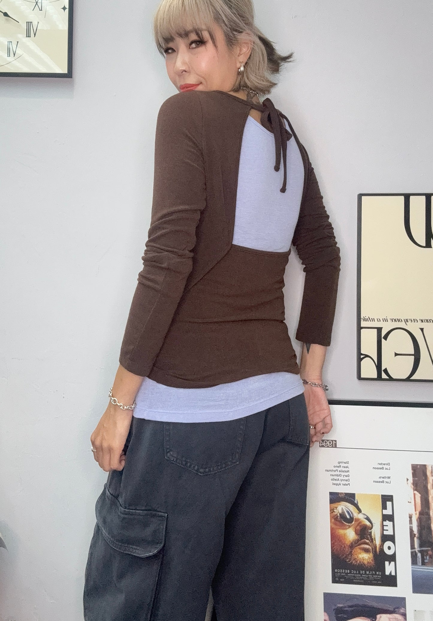 Back ribbon two pieces spandex tee