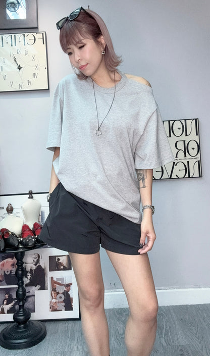Round collar back cut out loose tee #00572