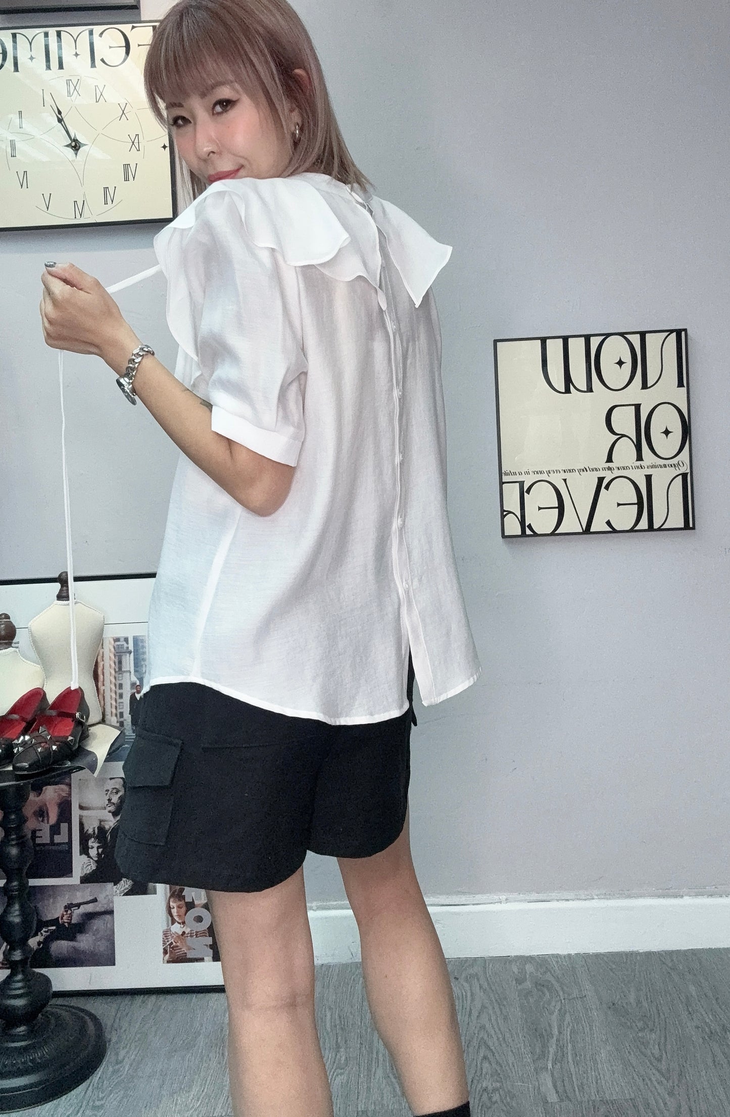 Front tie ruffle collar blouse #00585