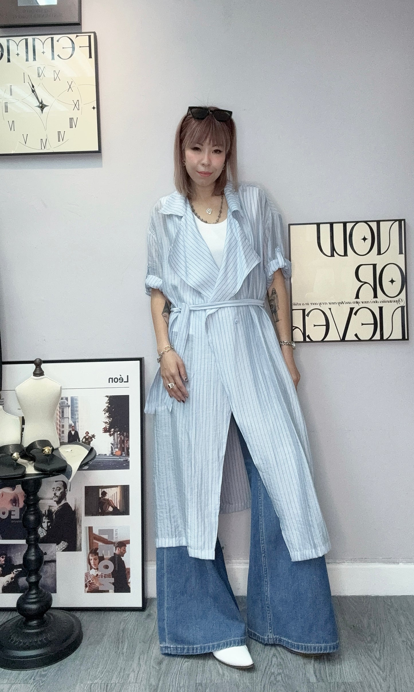 Striped short sleeves long shirt #00603