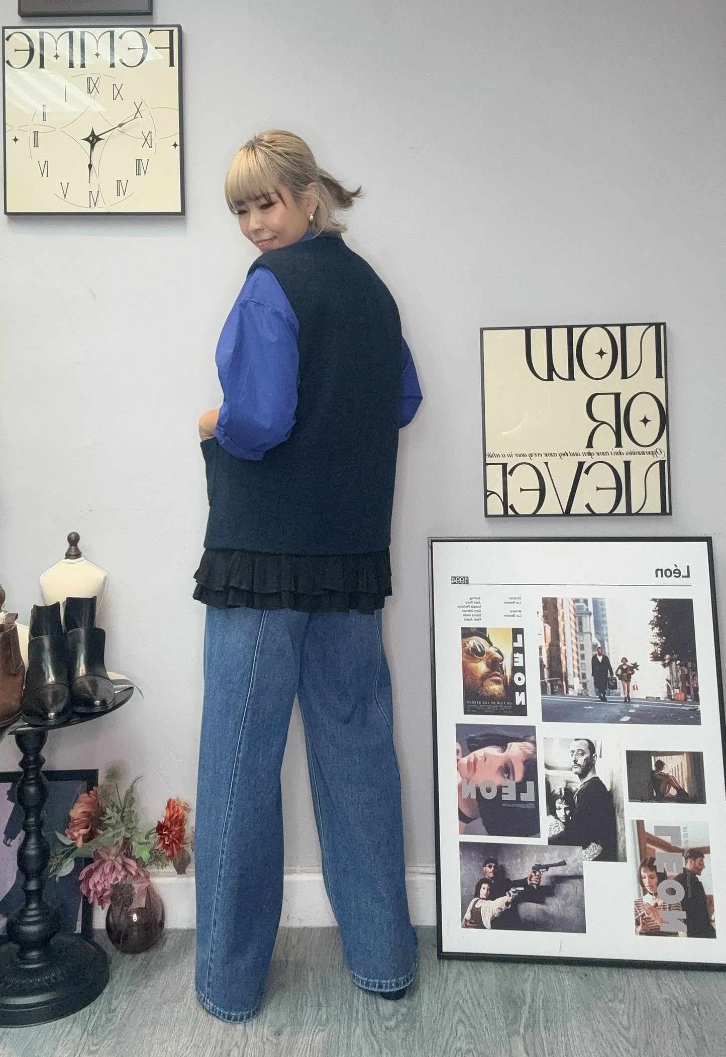 Pleated hem vest wool jacket